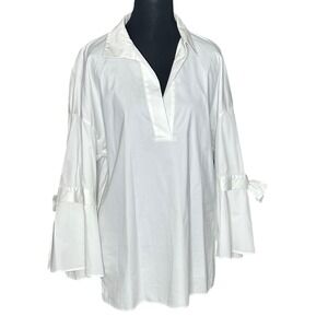 Lafayette 148 New York White Cotton Poplin Bell Sleeve Bow Tunic Blouse Medium